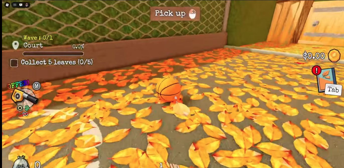 Basketball on the leaf-covered Court with a Pick up mouse prompt