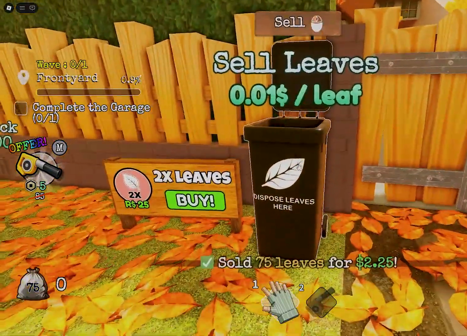 Player selling leaves at the dumpster with the bag reset and a sale confirmation visible