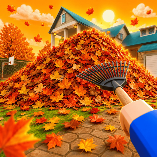 Official Roblox icon for Clean all the leaves, showing a rake facing a large pile of autumn leaves outside a house
