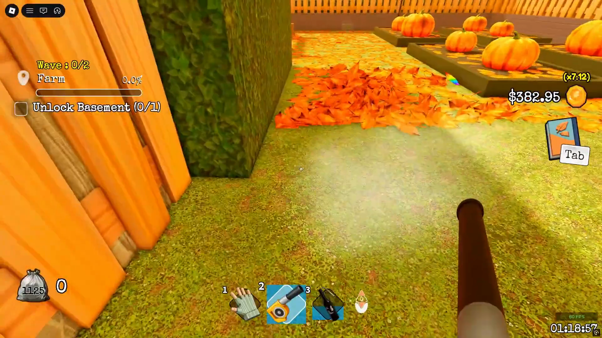 Farm area HUD showing Wave 0 of 2 and the Unlock Basement objective