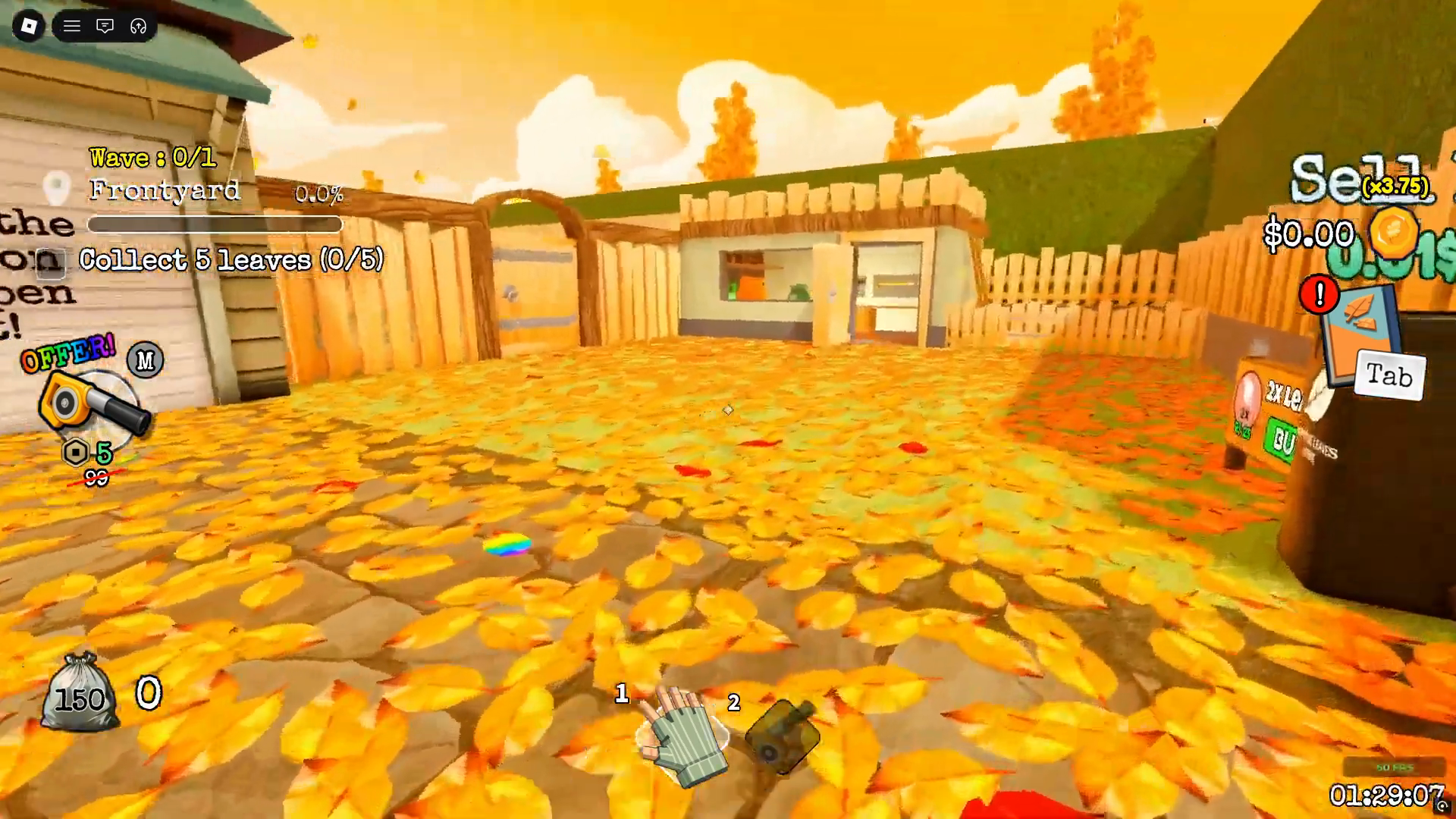 House Map Easy Frontyard start with Wave 0 of 1 and Collect 5 leaves shown in the HUD